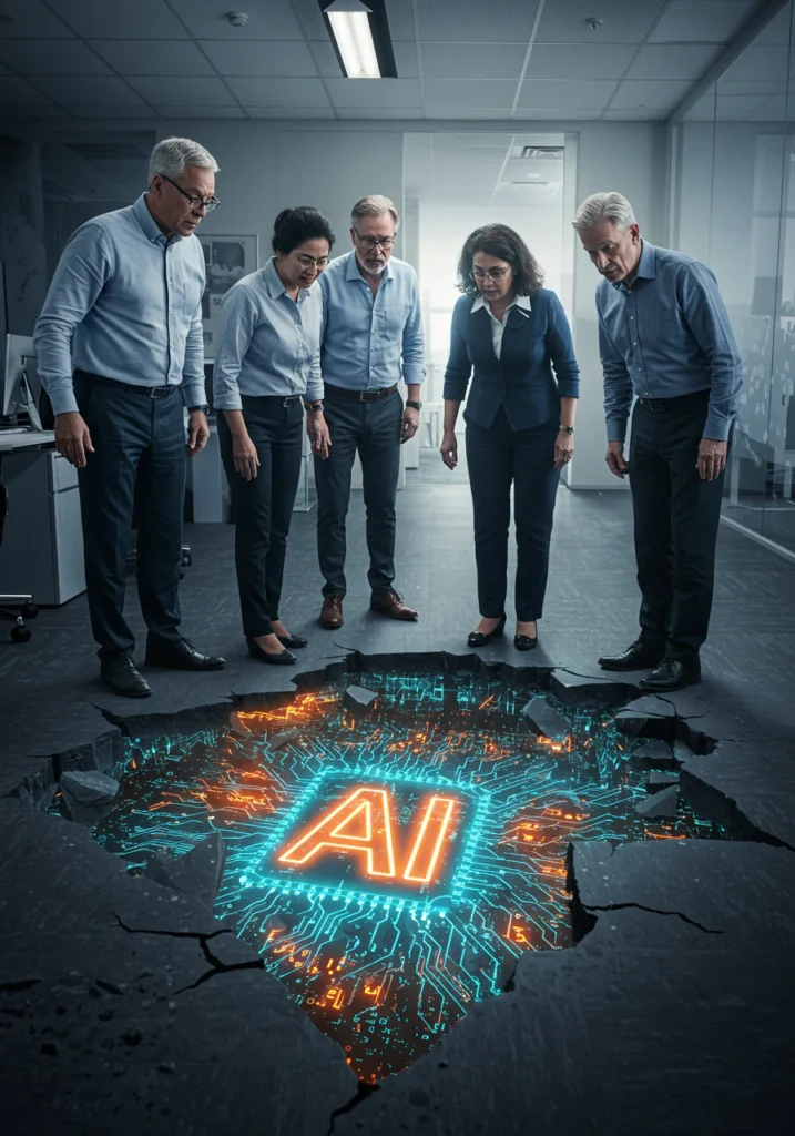 Office floor collapse into AI Picture of a group of older IT professionals looking at a large hole in the floor where AI is causing it to collapse